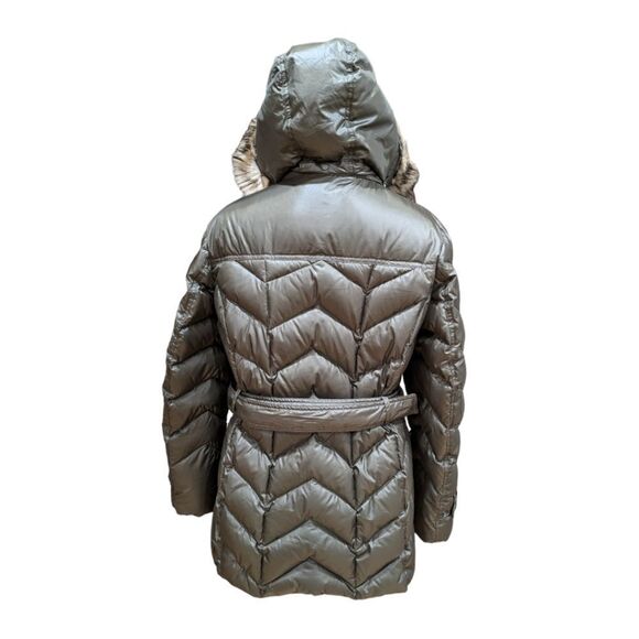 Land's End Knee Length Parka Quilted Puffer Faux Fur Hood Belted L 14-16 Olive - Picture 6 of 11